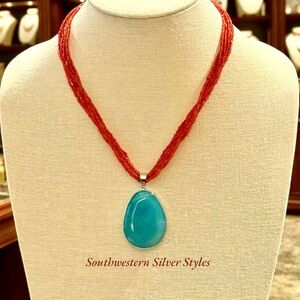 Ocean Blue Turquoise Sterling Silver Pendant Mediterranean Red Coral Necklace